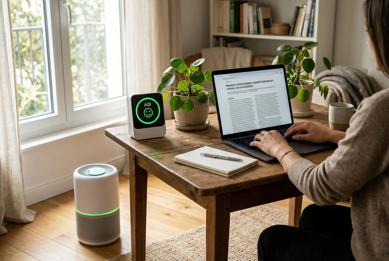 A balanced home workspace with an automated air purifier and a monitor showing good air quality.
