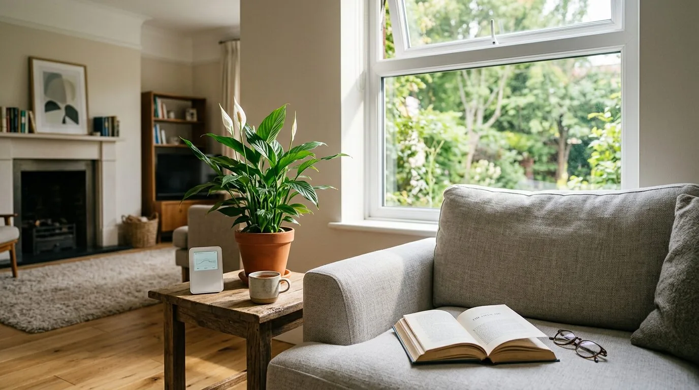 A bright and airy living room representing a home with good indoor air quality and natural light.