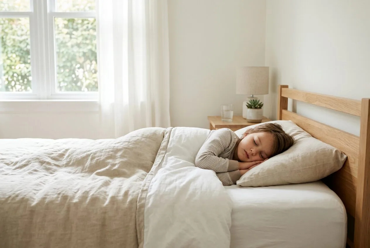 A child sleeping soundly in a clean bedroom environment with good air quality