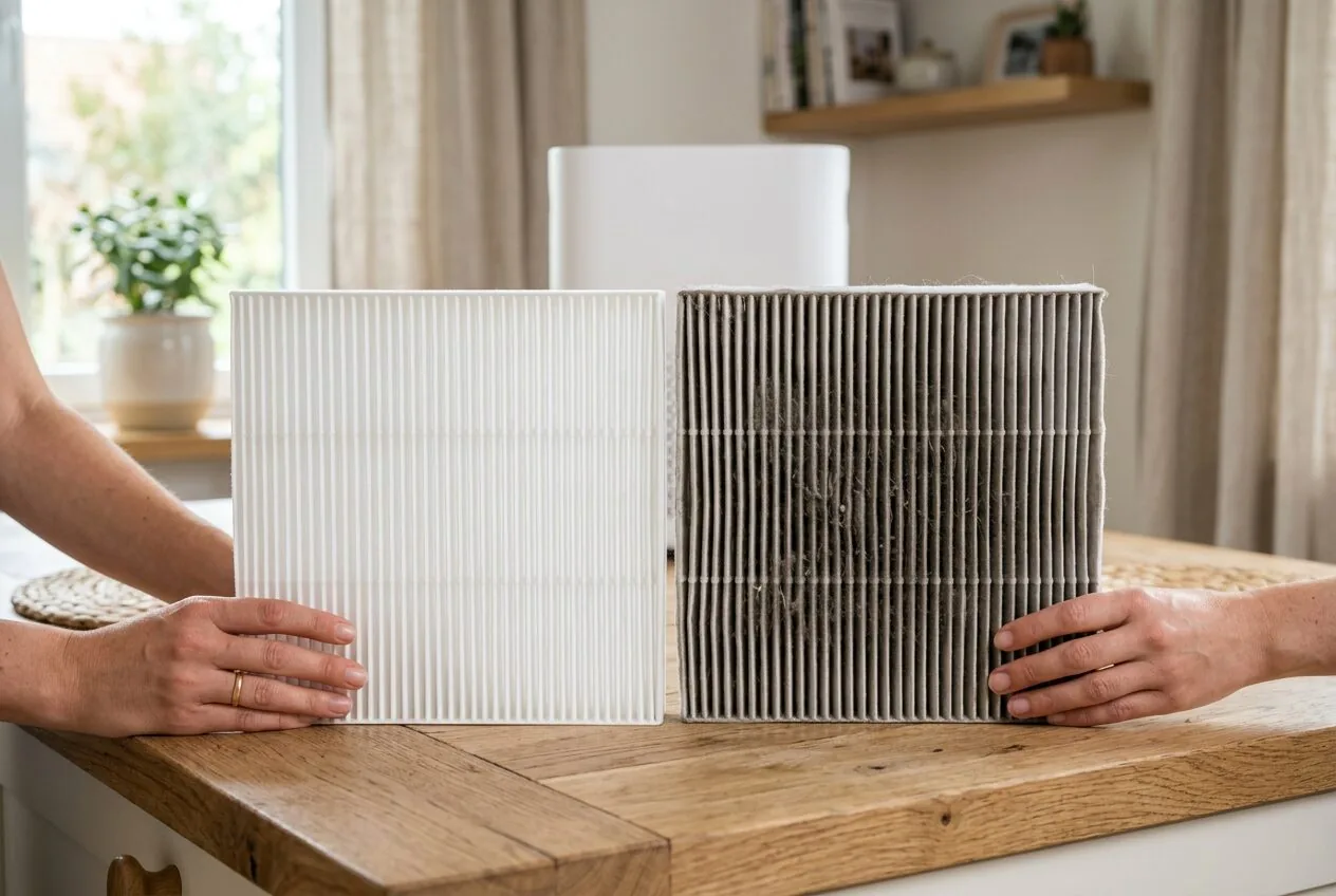 A clean air filter compared to a dirty, clogged air filter showing the importance of maintenance.