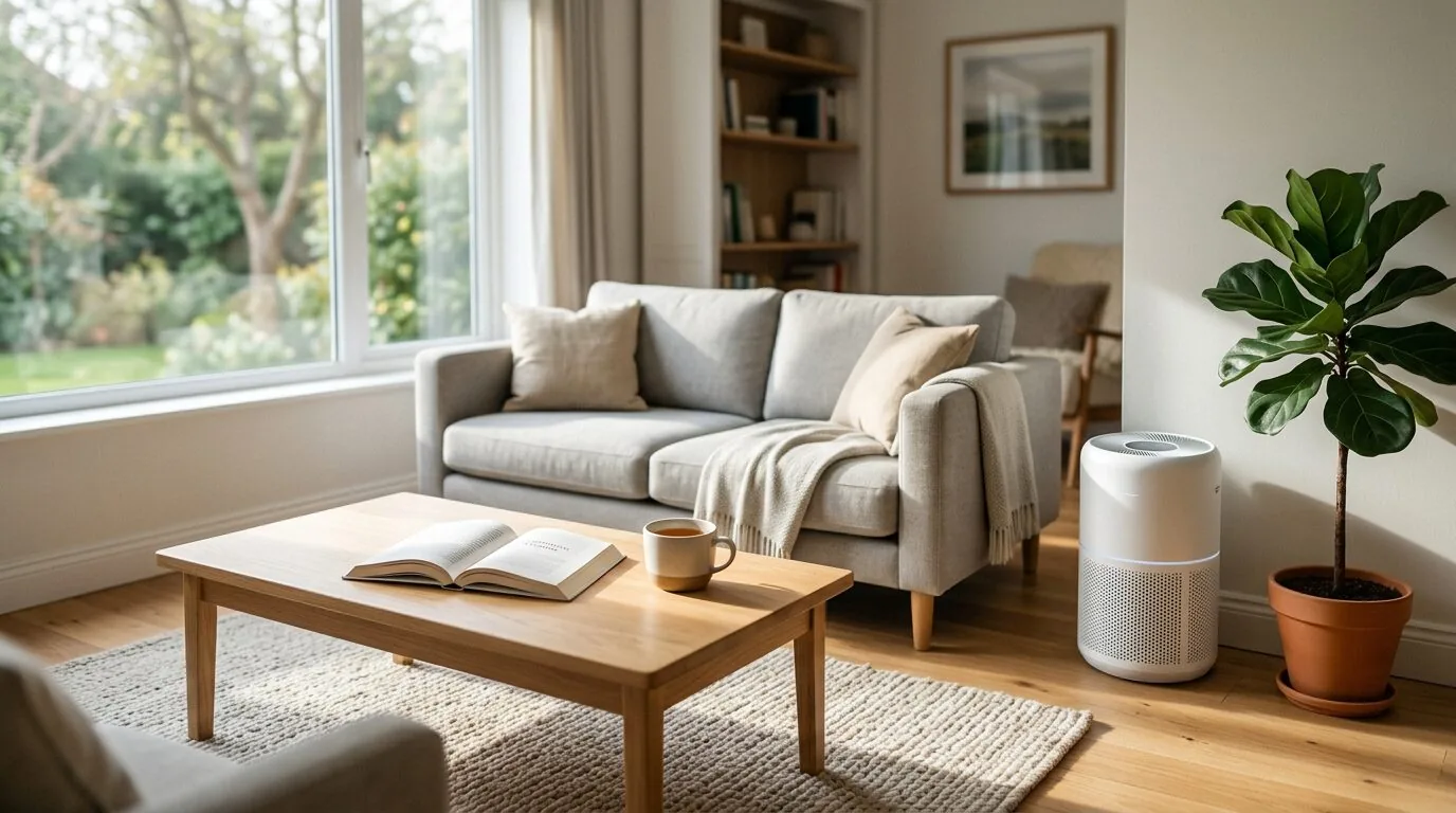 A clean and healthy living room environment featuring a modern air purifier as part of a comfortable home setting.