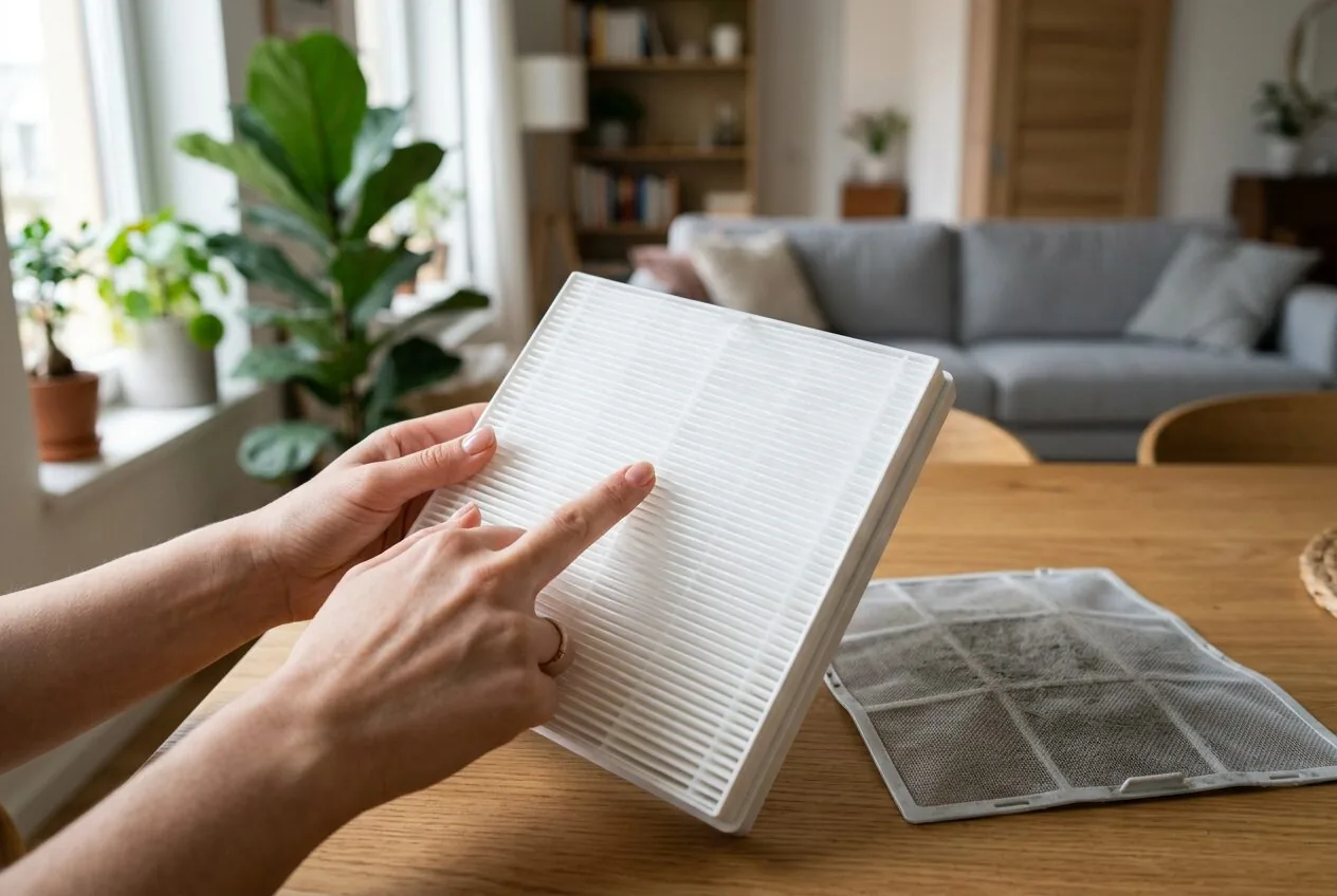 A clean HEPA filter and a used pre-filter side by side, showing the filtration stages
