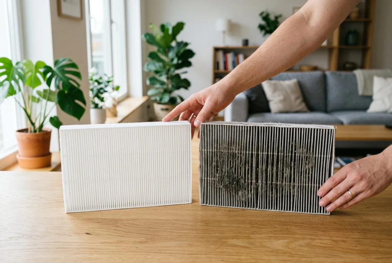 A clean HEPA filter versus a dirty one, illustrating the importance of regular filter changes for effectiveness.