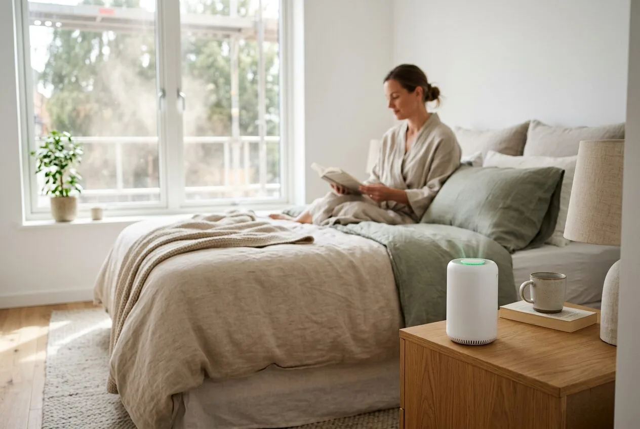 A clean, peaceful bedroom after renovation with an air purifier on the nightstand.