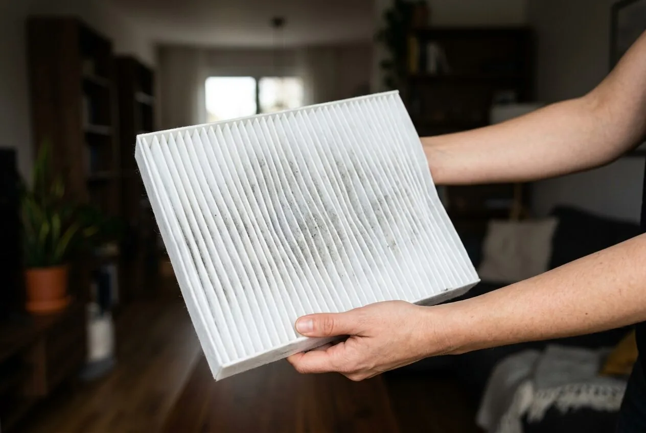 A close-up view of a HEPA filter capturing fine dust, representing the filtration of PM2.5 particles.
