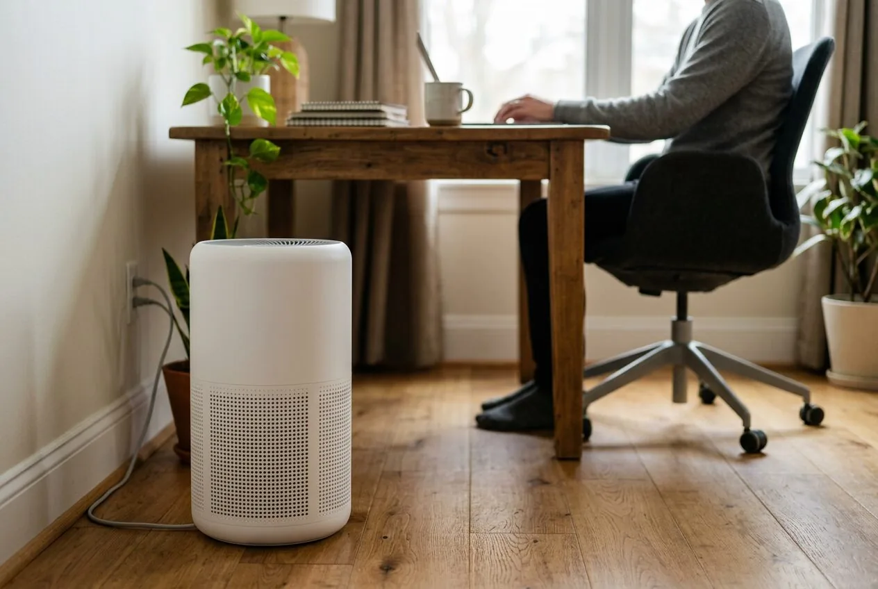 A close-up view of a modern air purifier actively cleaning the air in a home office setting.