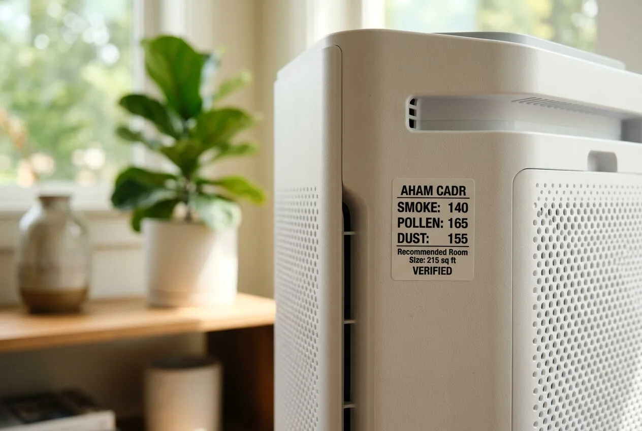 A close-up view of an AHAM CADR certification label on an air purifier, showing the three pollutant scores.