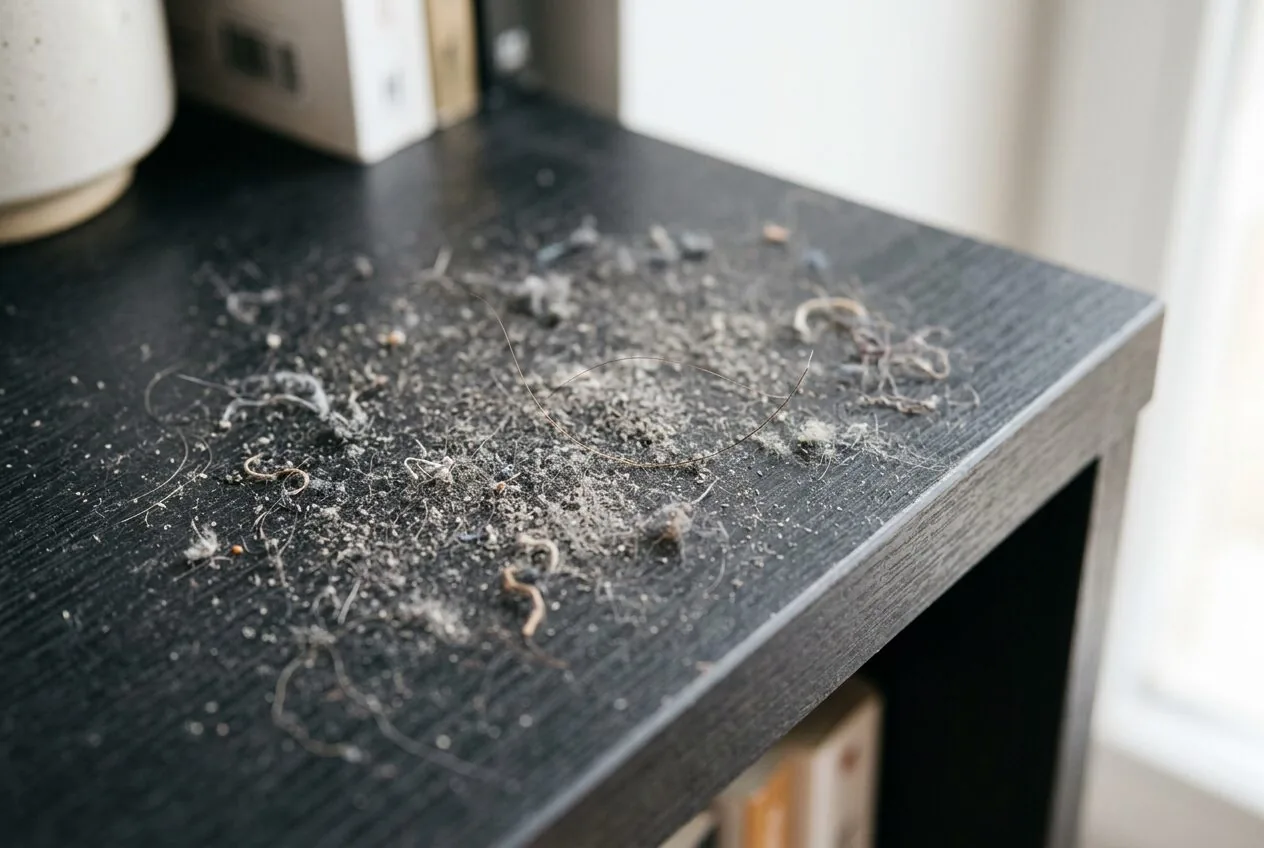 A close-up view of common household dust particles and fibers on a dark background