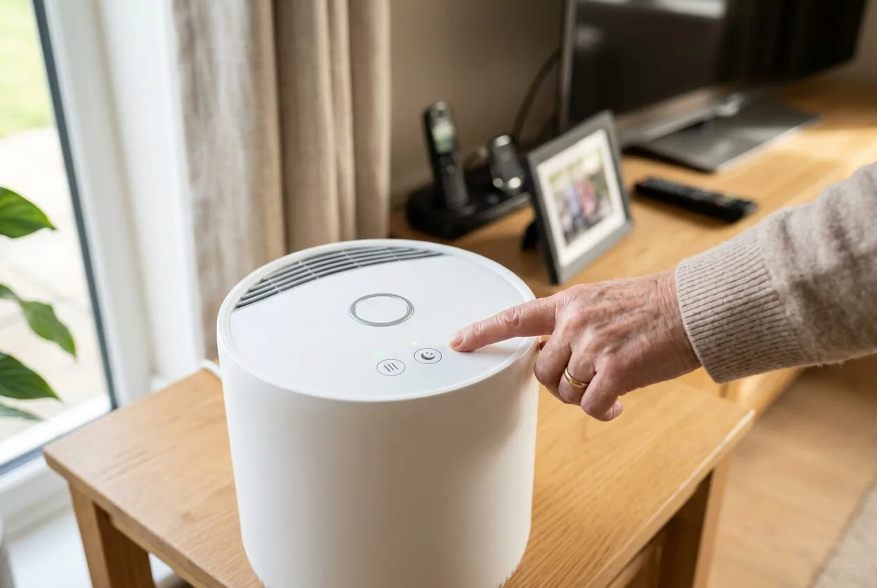 A close-up view of simple, easy-to-press buttons on an air purifier designed for user-friendly operation.