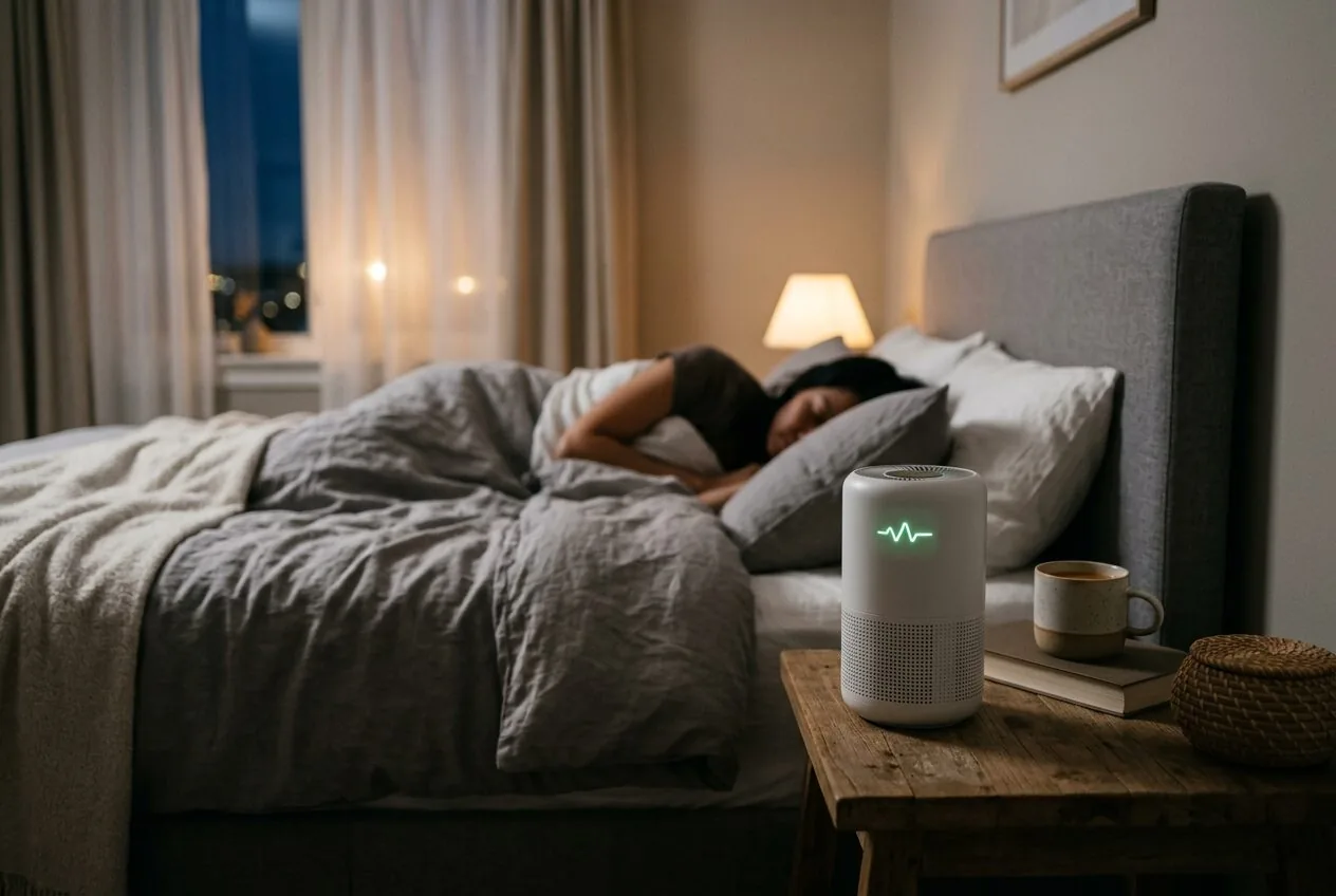 A compact air purifier running quietly in a bedroom during the night to maintain clean air while sleeping.
