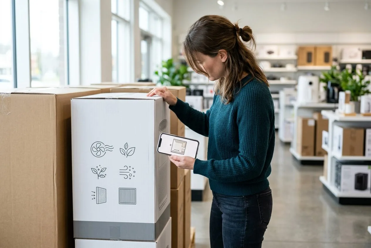 A consumer thoughtfully selecting an air purifier by checking its room size coverage and specifications.