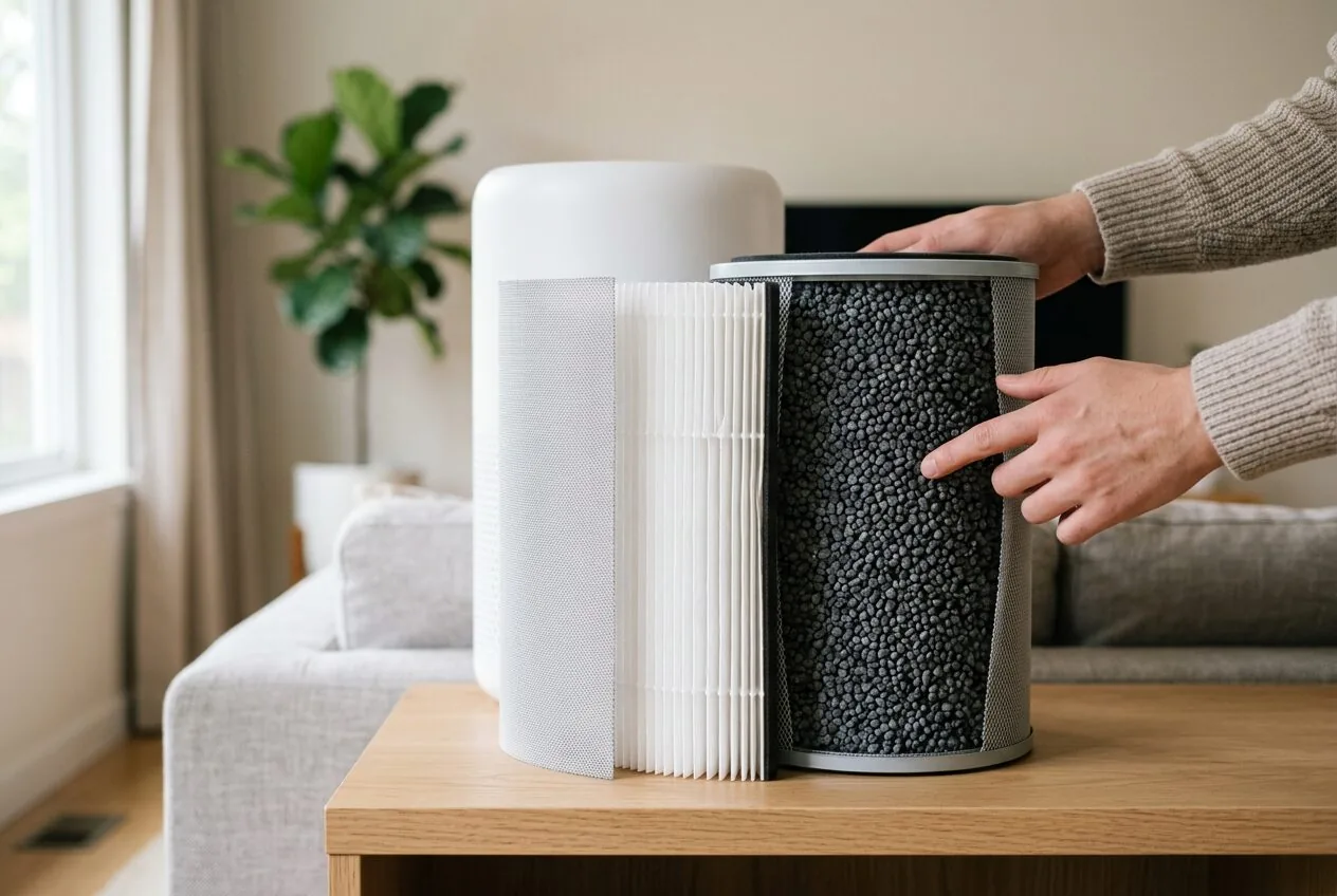 A cross-section of an air purifier filter showing HEPA and a deep activated carbon layer for gas removal.