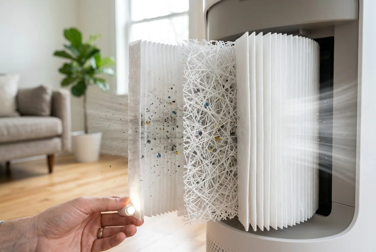 A cross-section view of a HEPA filter capturing fine particles from the air flow.