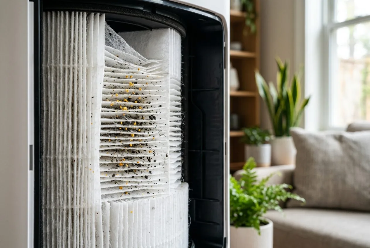 A detailed view of a HEPA filter trapping airborne particles to clean the air.