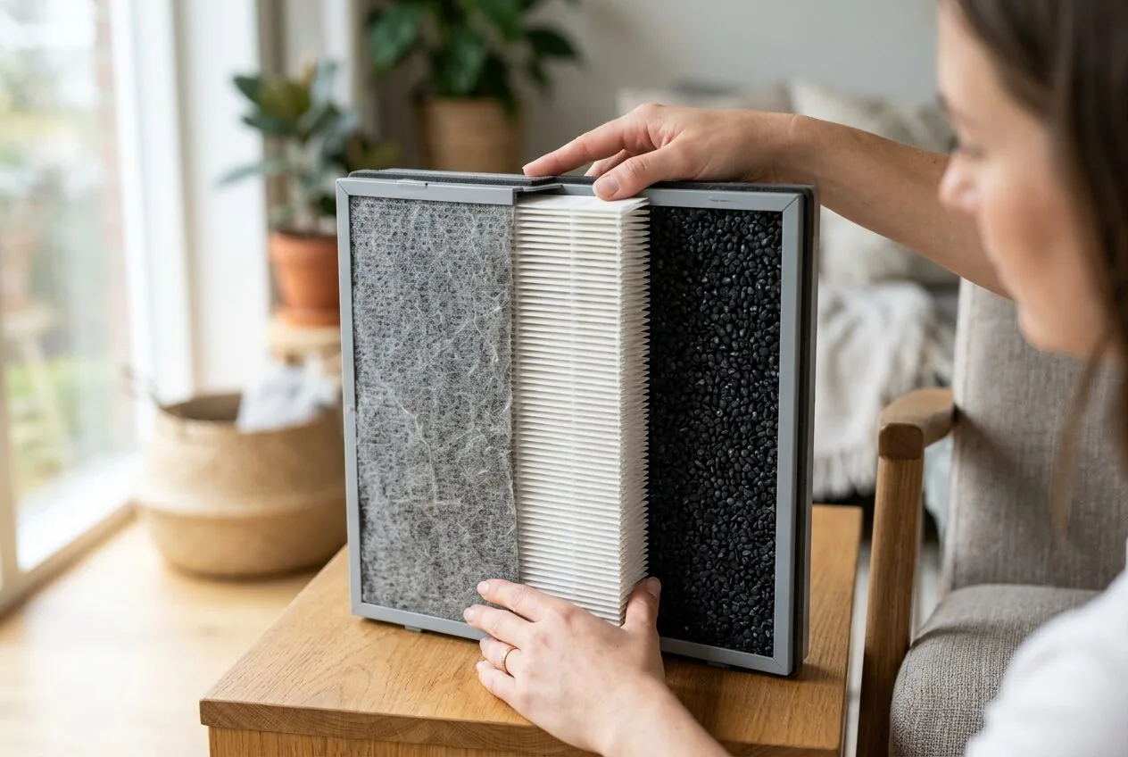 A detailed view of the multi-stage filter layers inside an air purifier.