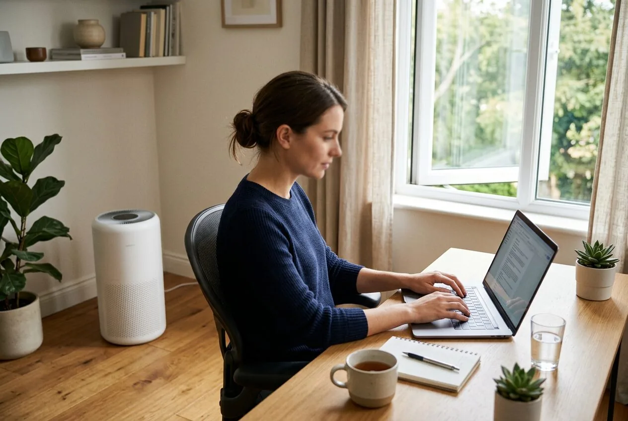 A focused remote worker in a home office with an air purifier, demonstrating how air quality supports concentration and cognitive function.