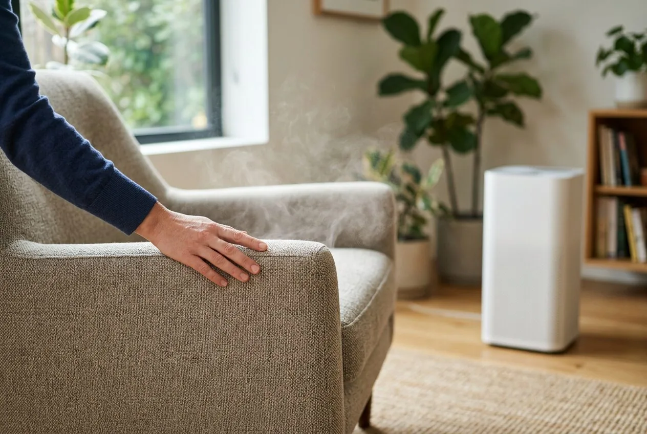 A hand touching new furniture fabric, symbolizing the release of volatile organic compounds into indoor air.