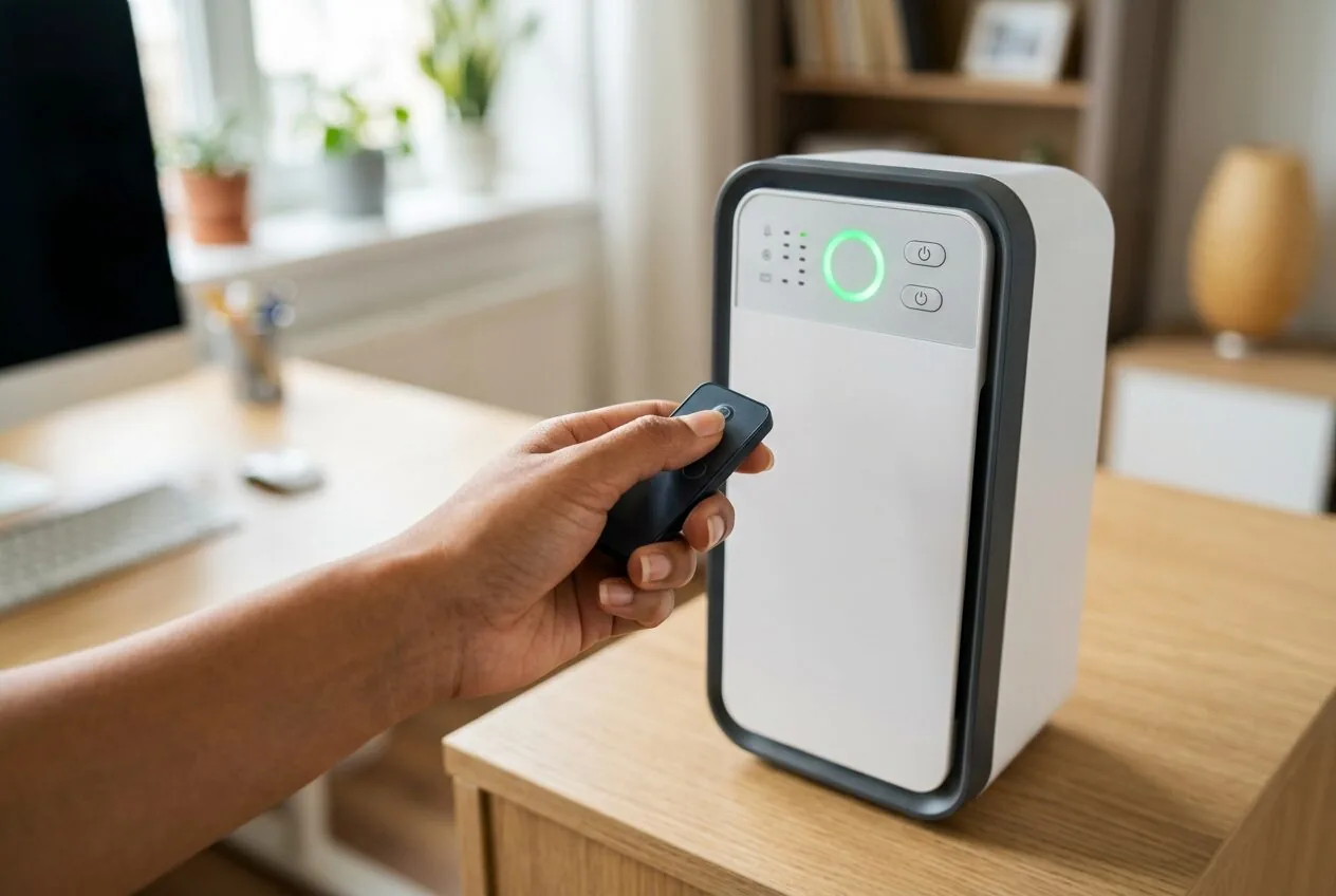 A hand using a remote to control an air purifier with an auto mode and air quality indicator.