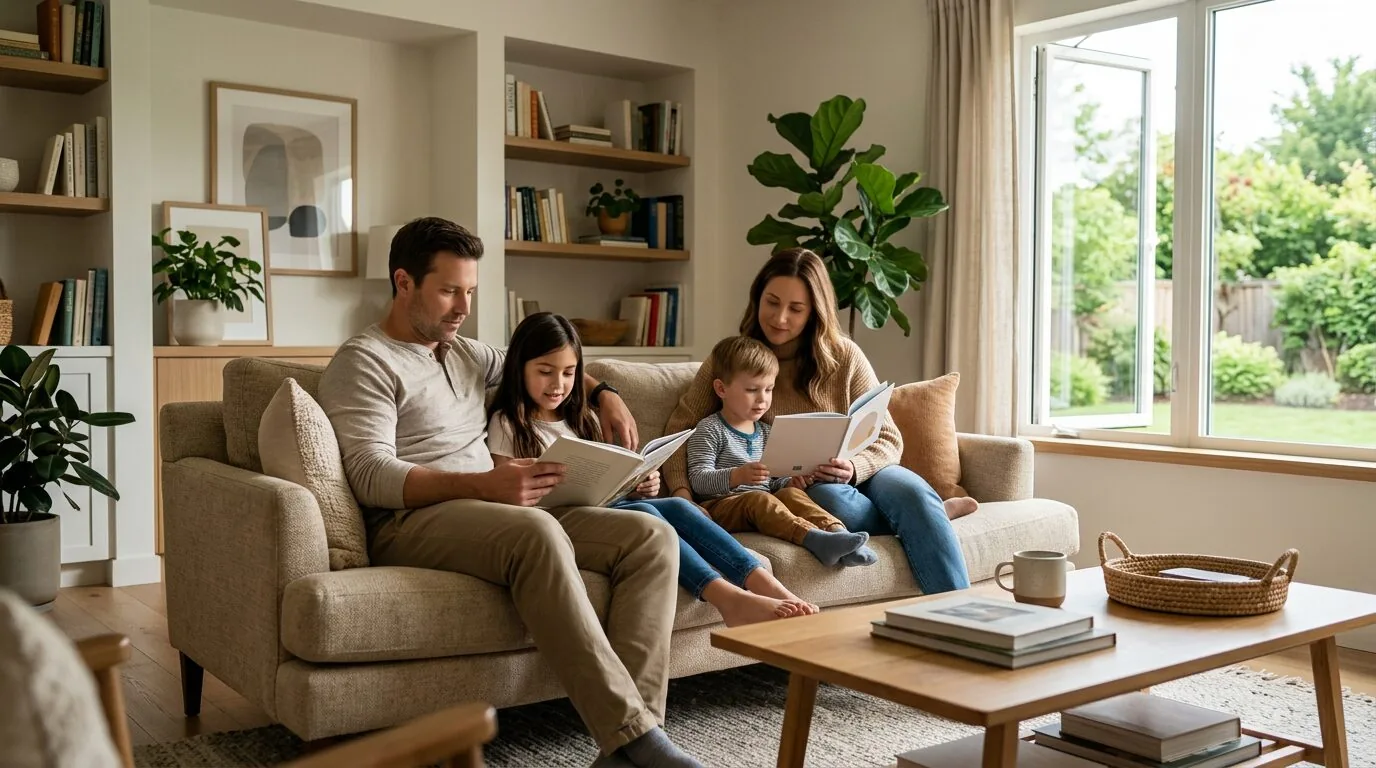 A happy family enjoying time together in a living room with clean indoor air and good ventilation