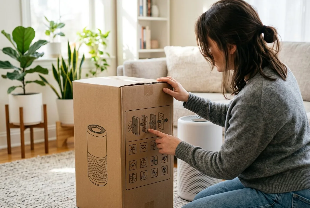 A homeowner checking the Clean Air Delivery Rate (CADR) and specifications on an air purifier box.