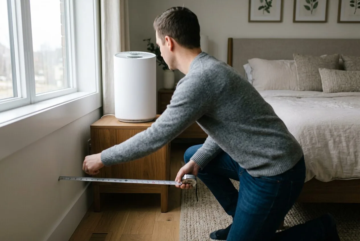 A homeowner measuring a bedroom to calculate the correct air purifier size and required CADR.