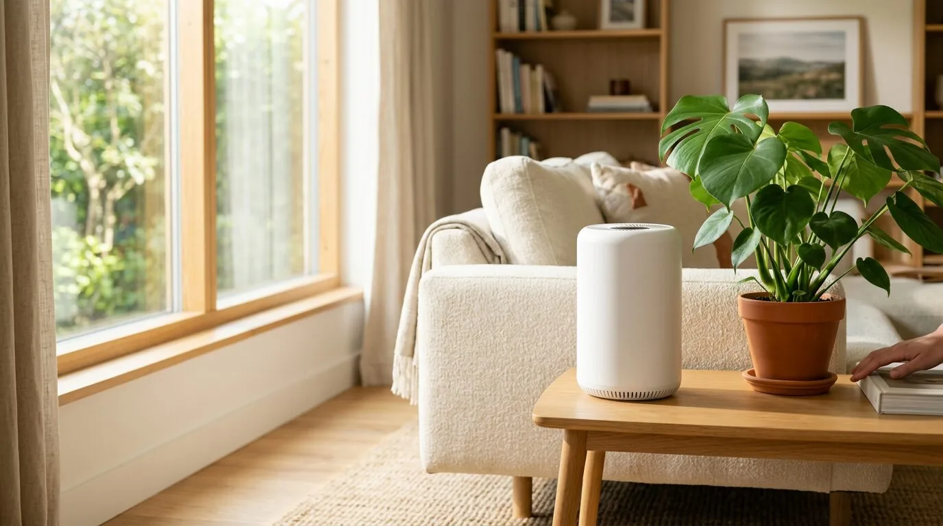 A modern air purifier supporting a healthier living space in a clean, bright home environment