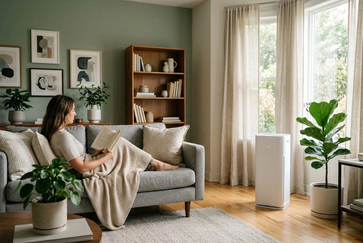 A peaceful living room scene with an air purifier providing clean air without disrupting the calm atmosphere.
