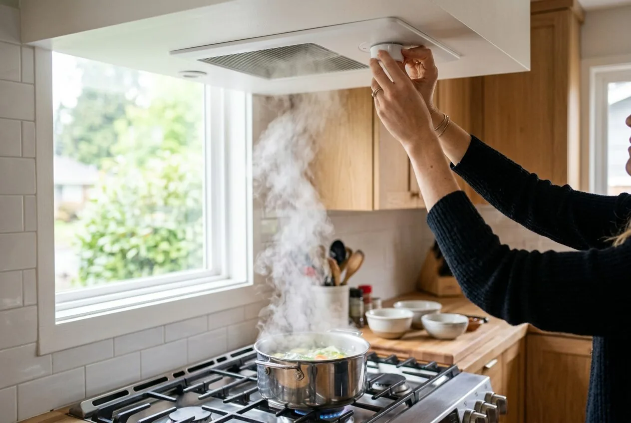 A person activating a kitchen exhaust fan to ventilate cooking fumes and steam.