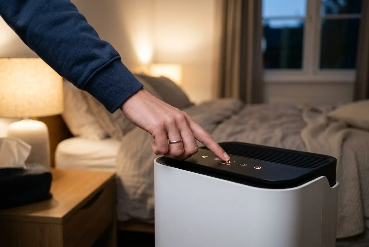A person activating the quiet sleep mode on a bedroom air purifier control panel.
