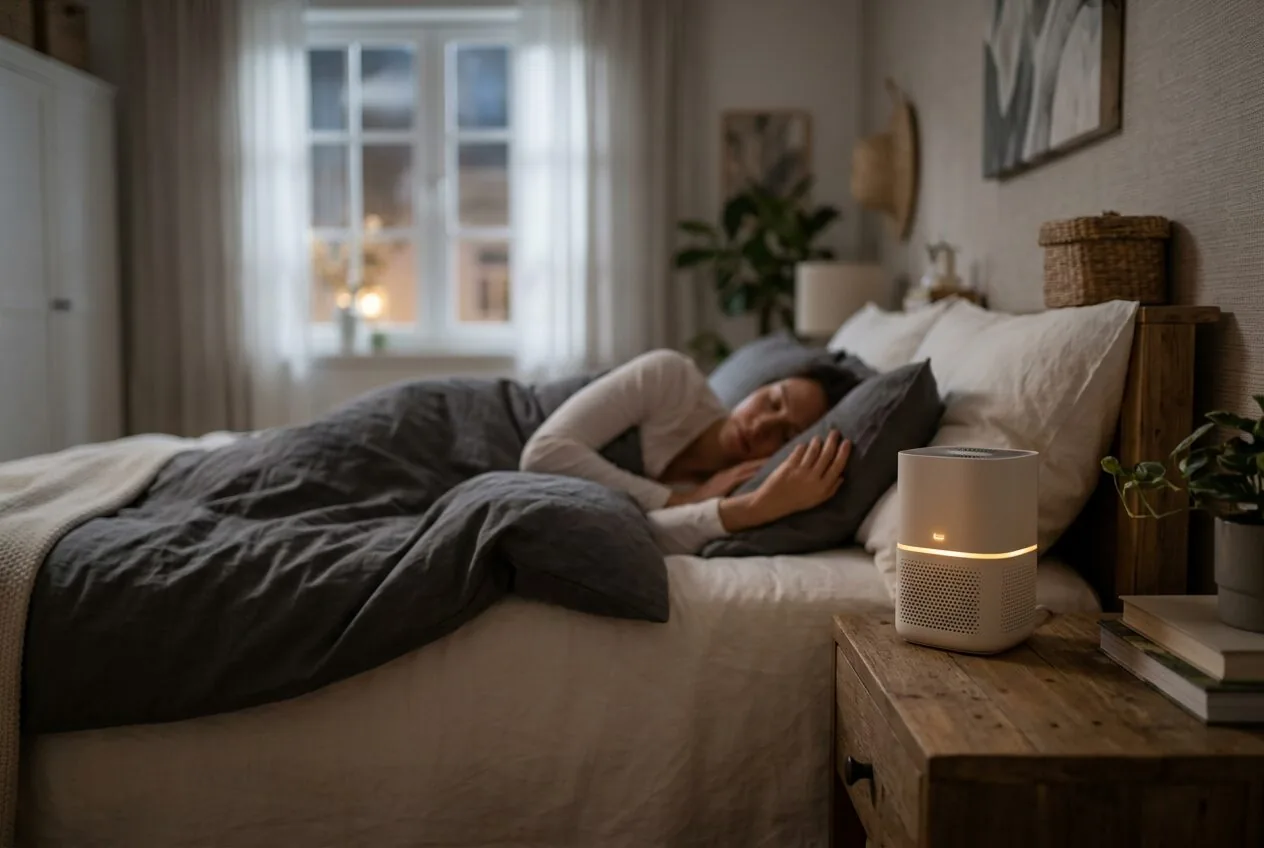 A person benefiting from uninterrupted sleep with an air purifier running quietly on a bedroom nightstand.