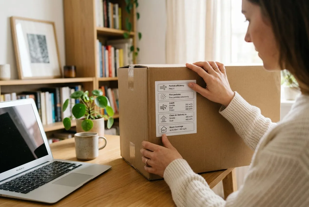 A person checking the CADR and room size specifications on an air purifier box.