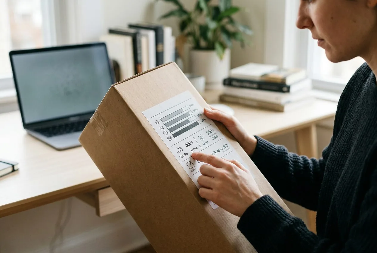 A person checking the CADR rating and room size specifications on an air purifier box.