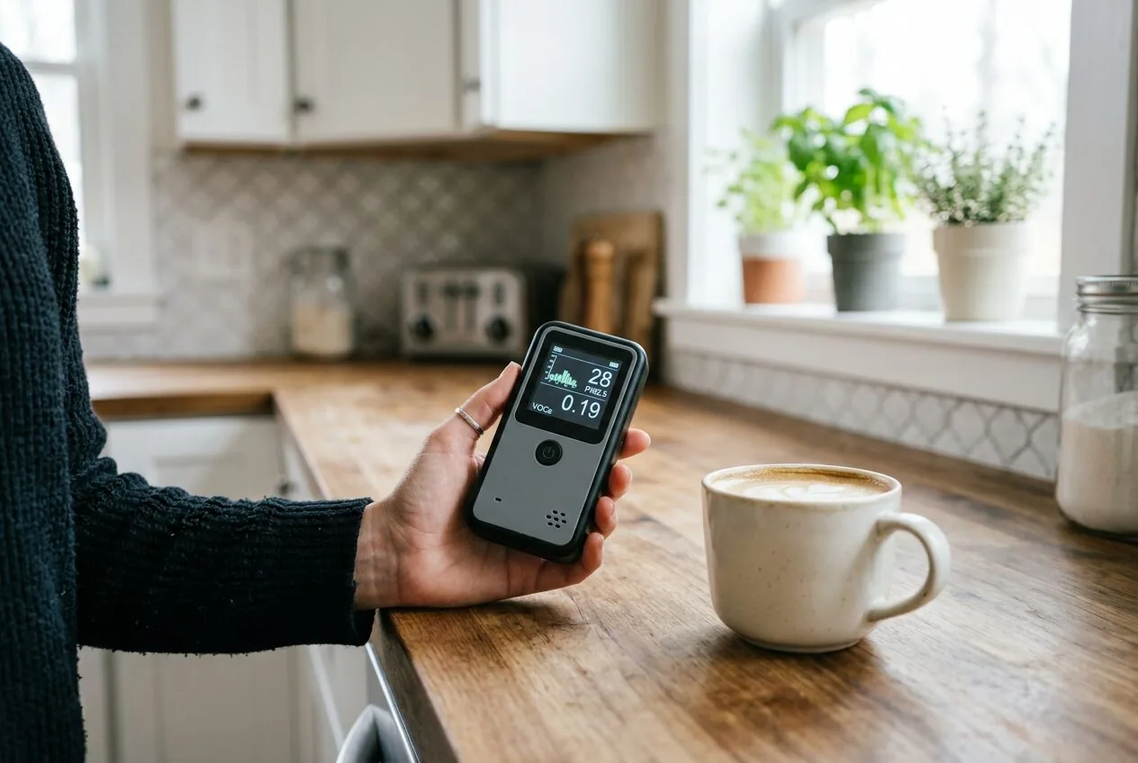 A person checking the real-time air quality readings on a small digital monitor in their home.