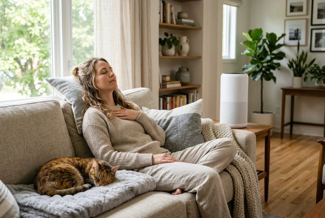 A person enjoying clean, allergen-reduced air at home with a pet and an air purifier.