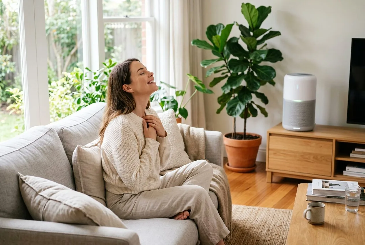 A person enjoying clean, fresh air in a comfortable and healthy indoor living space.