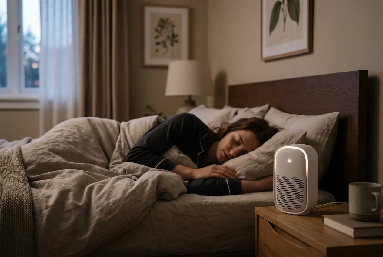 A person enjoys restful sleep in a bedroom with an air purifier running quietly.
