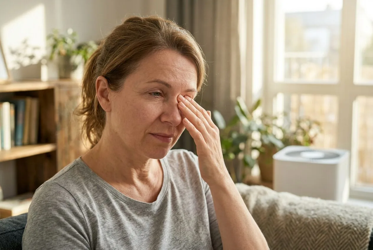 A person experiencing mild irritation potentially linked to indoor air quality in their home.