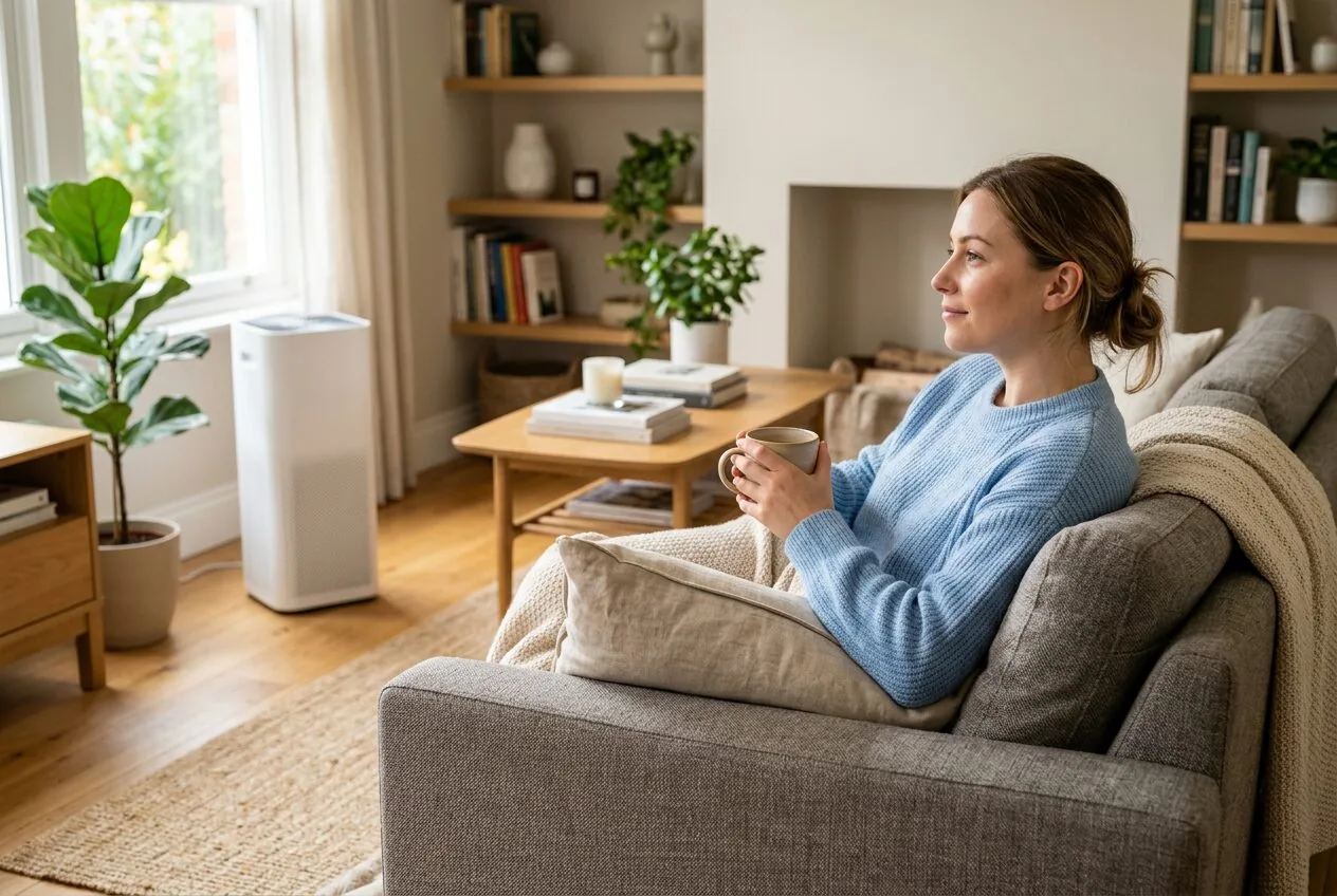 A person finding allergy relief in their living room with an air purifier running in the background.