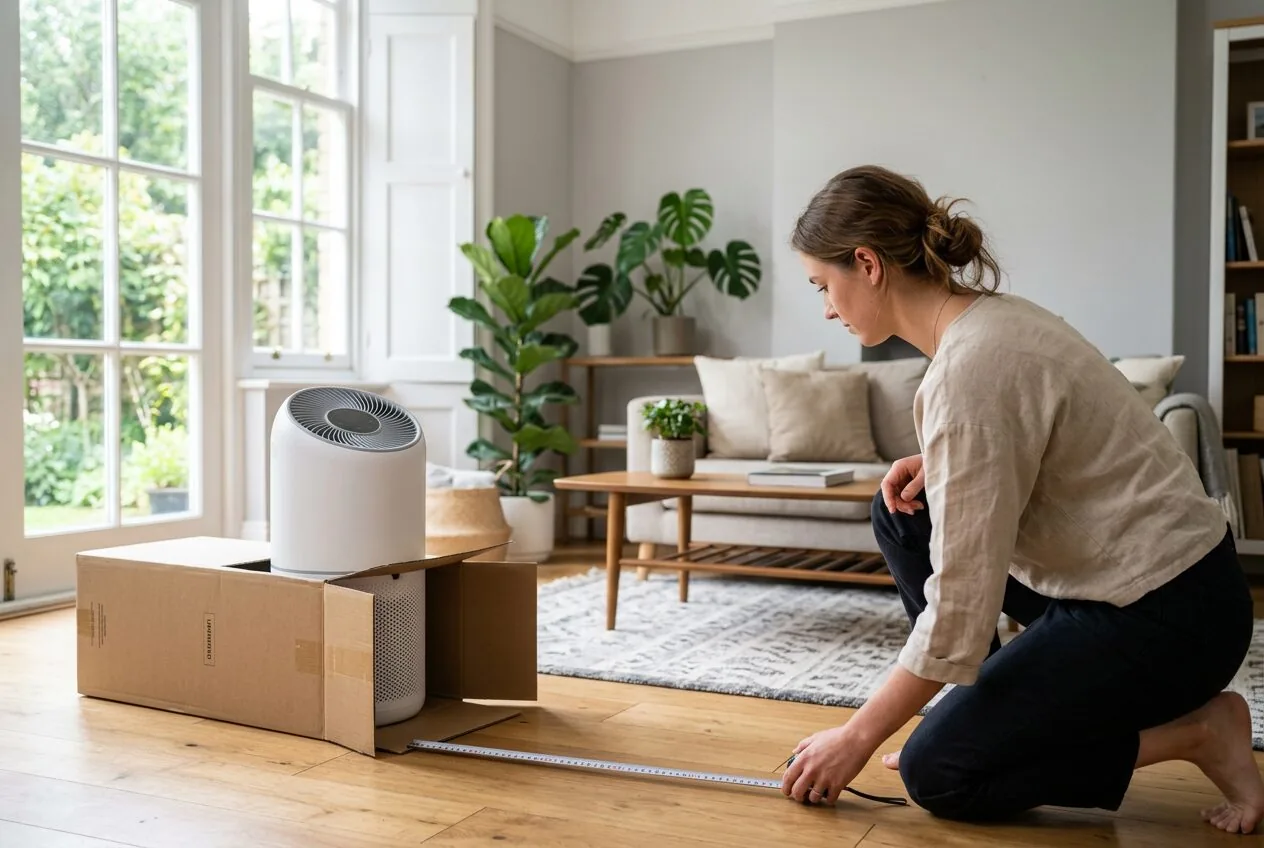 A person measuring a room to choose the correctly sized air purifier for effective coverage.