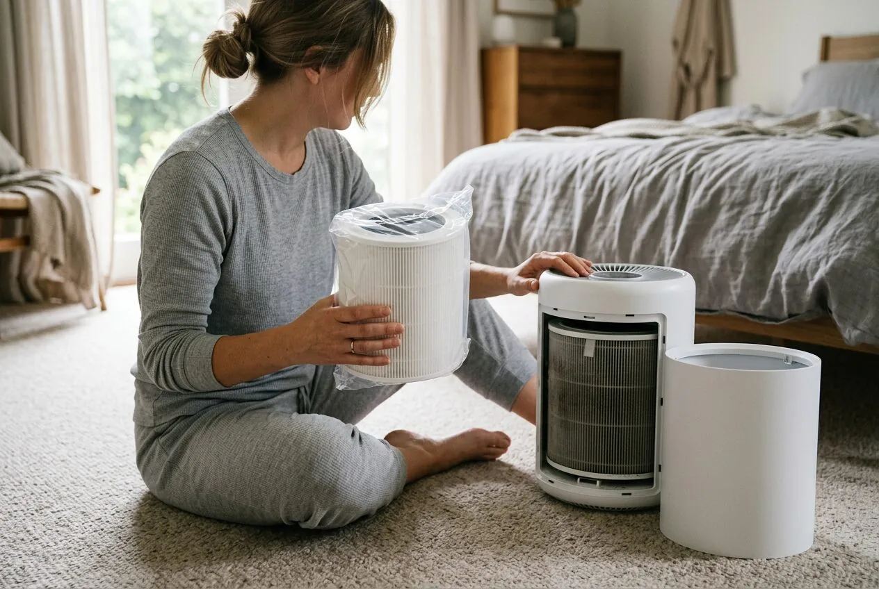 A person preparing to replace the filter in their air purifier to maintain its quiet nighttime efficiency.