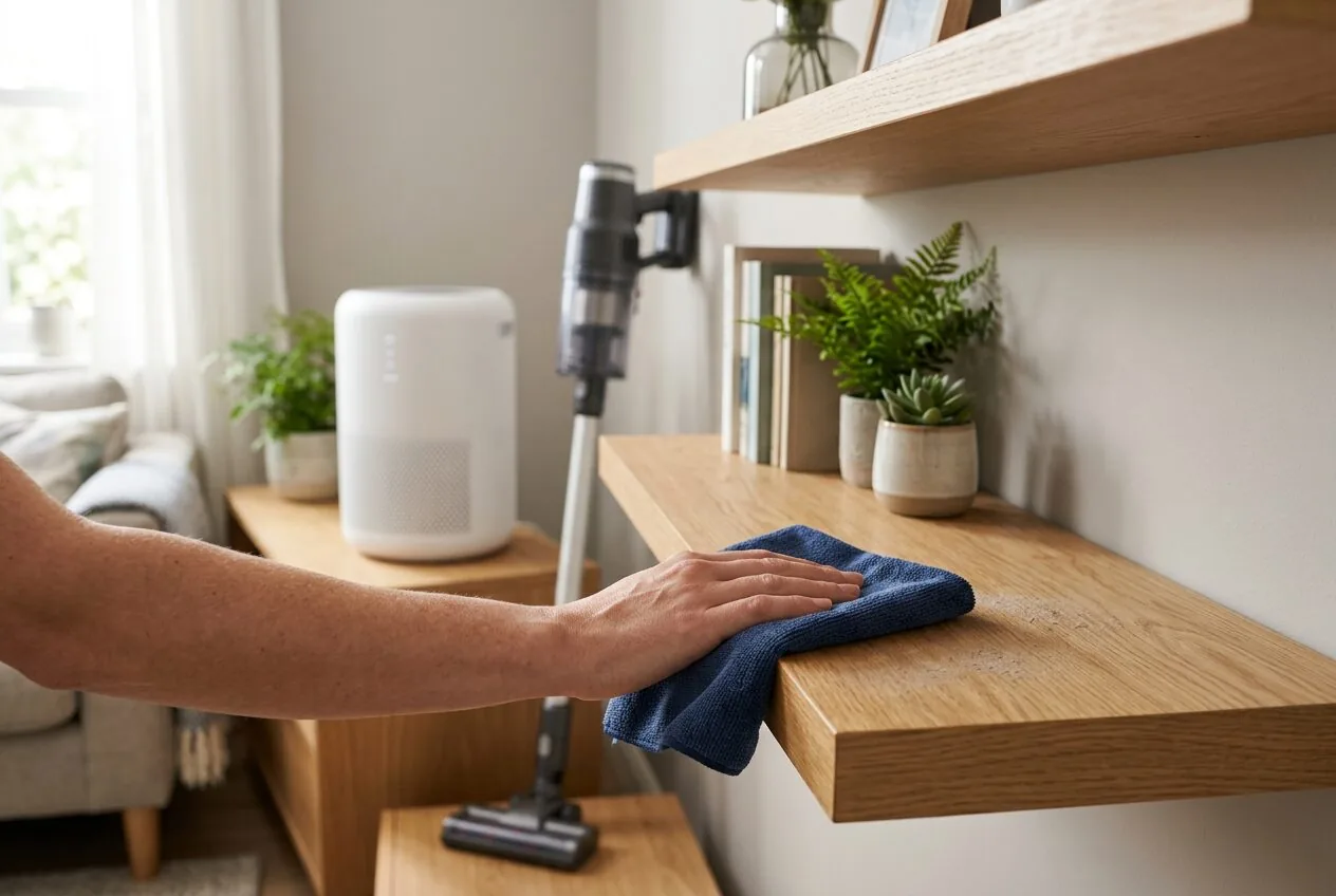 A person using a microfiber cloth to remove dust from furniture as part of a comprehensive cleaning routine.