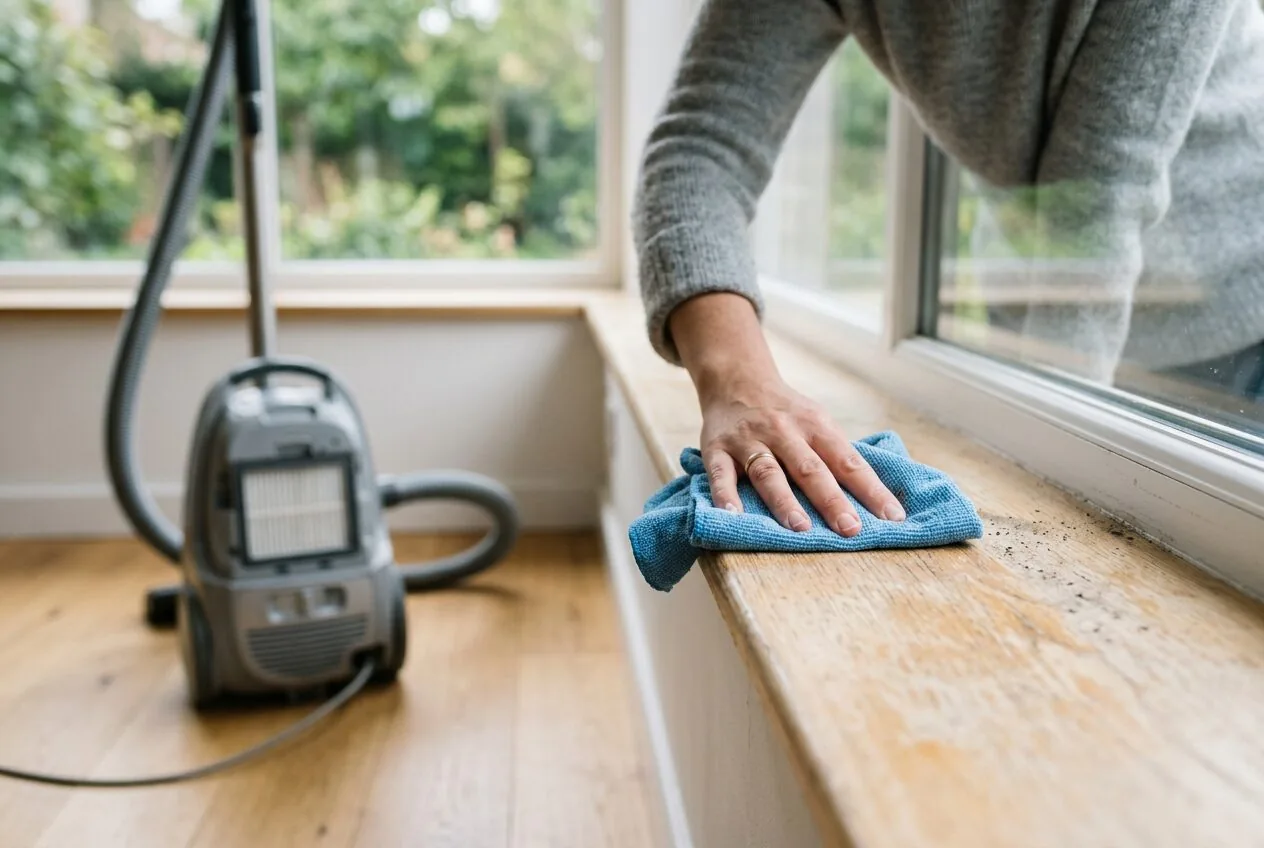 A person using proper damp dusting techniques to remove allergens from a home surface.