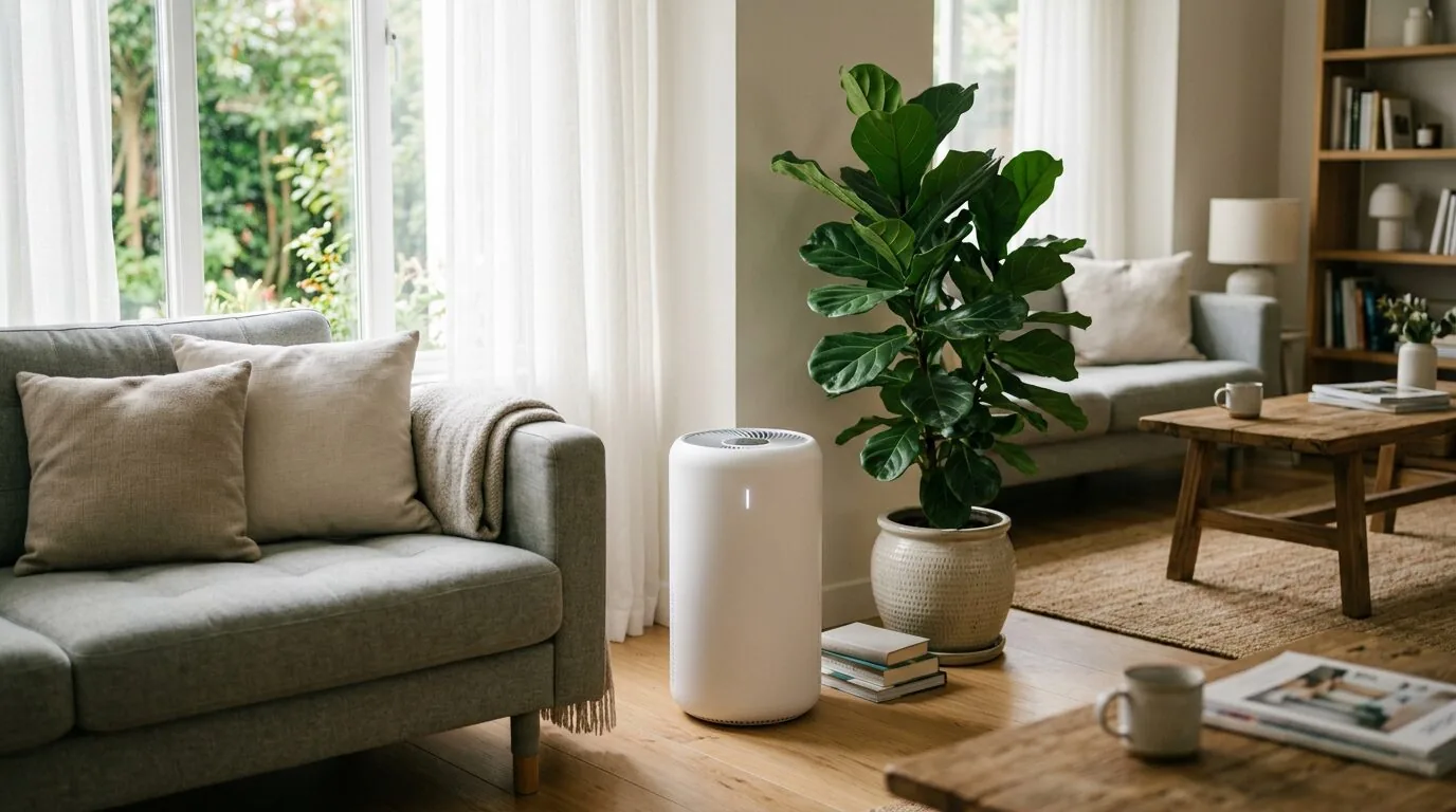 A quiet air purifier in a clean, sunlit living room, contributing to better indoor air quality and reducing airborne contaminants.