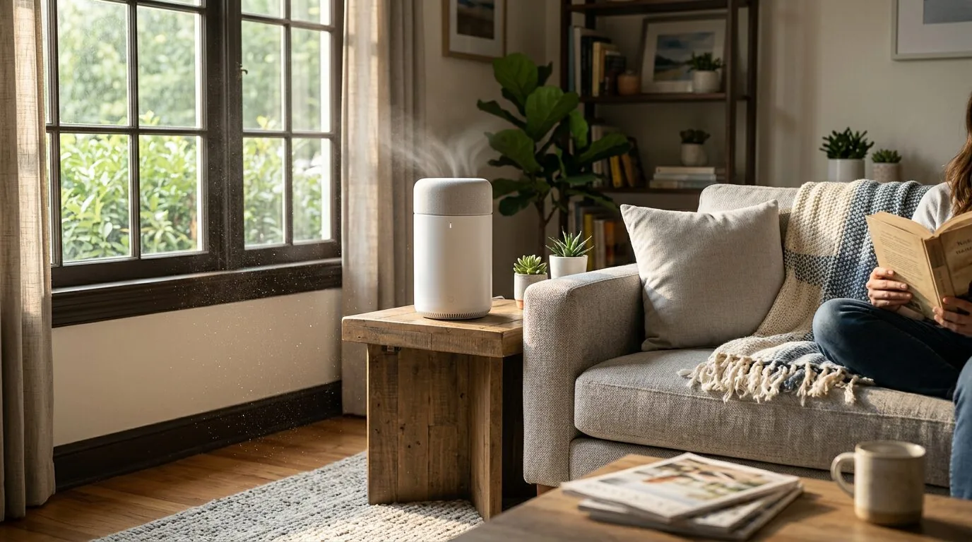 A quiet air purifier in a cozy living room, working to clean the air of common household allergens.