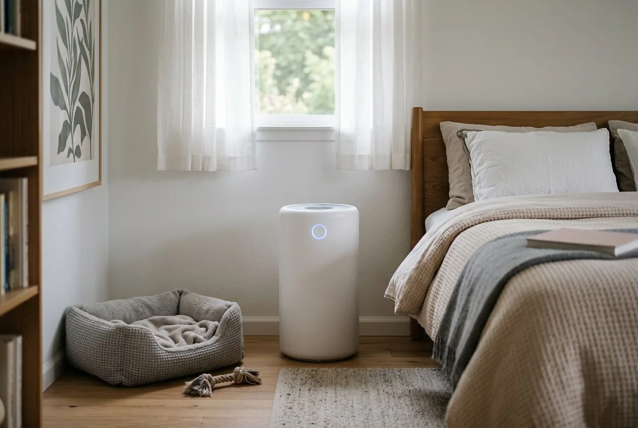 A quiet air purifier operating in a bedroom corner to clean the air for better sleep.
