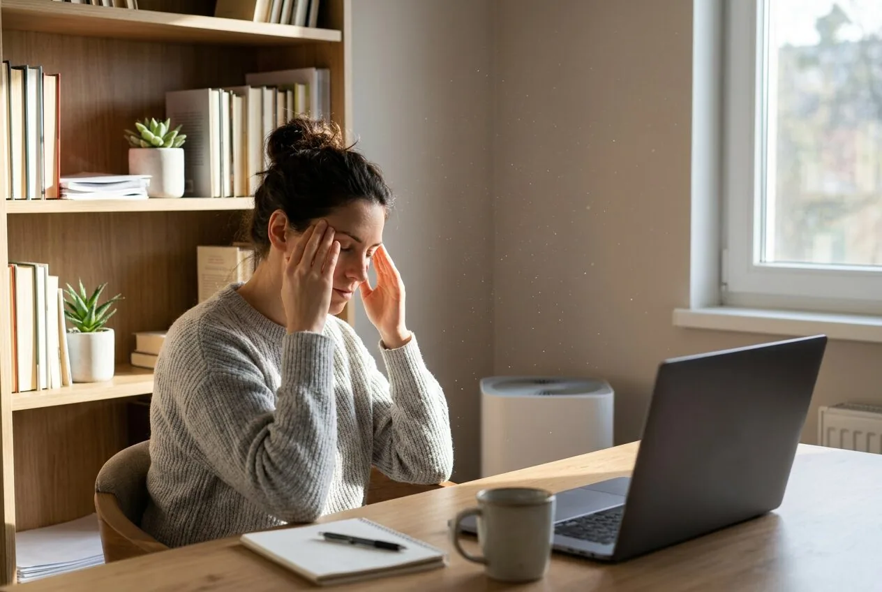 A remote worker in a home office with visible dust particles in the air, illustrating common indoor air quality issues.