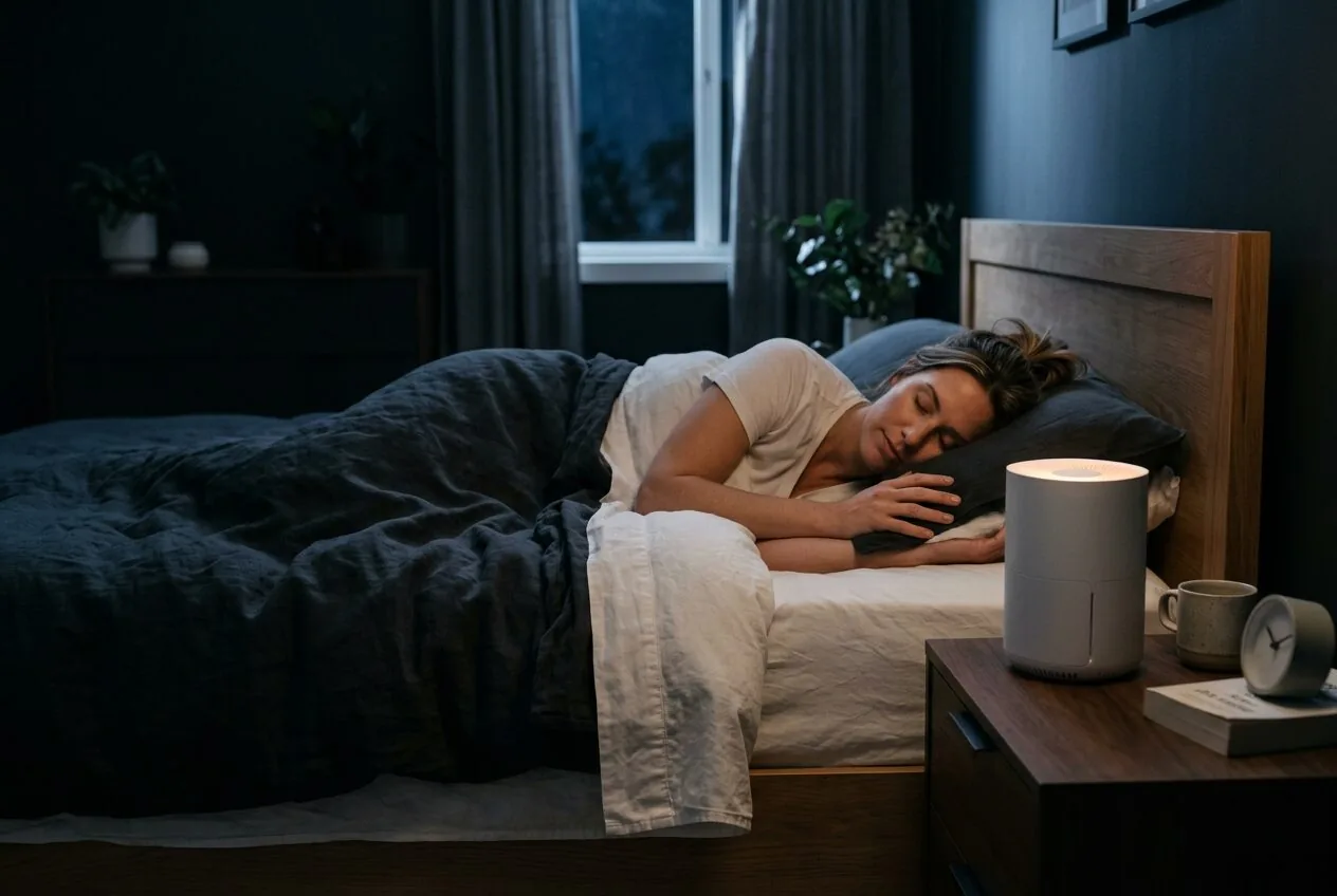 A restful sleeper in a bedroom with an air purifier on the nightstand, highlighting the link between clean air and better sleep.
