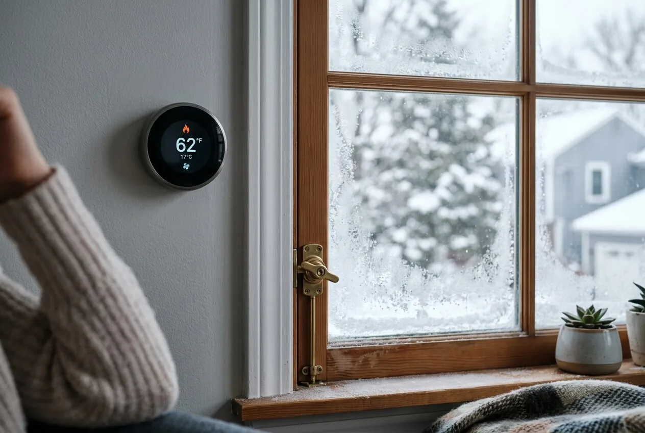 A sealed window and thermostat in winter, symbolizing reduced home ventilation and trapped indoor air.