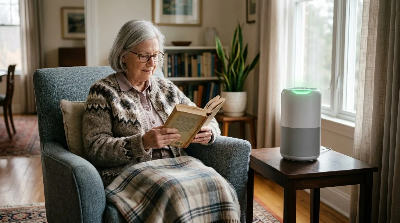 A senior adult enjoying a book in a clean, comfortable living room with an air purifier nearby for better air quality.