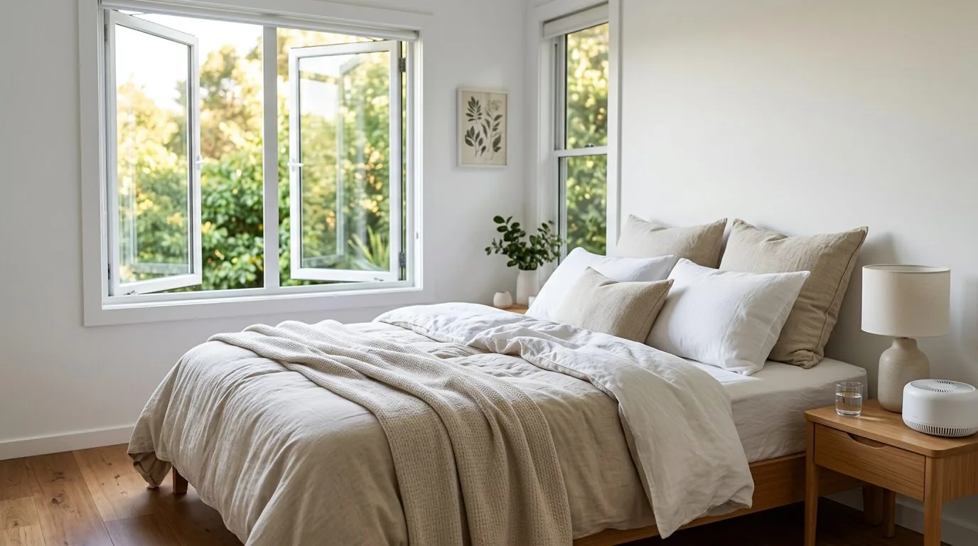 A serene, well-made bed in a bright bedroom, illustrating the ideal setting for clean air and restful sleep.